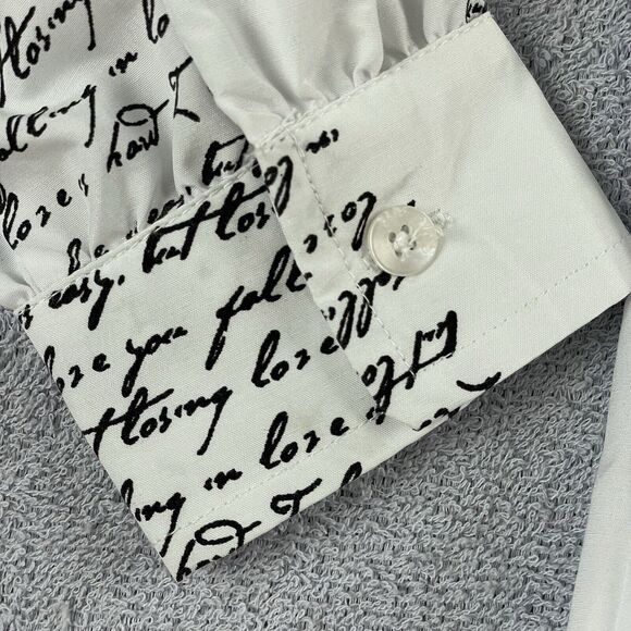 Spoon Jeans Long Sleeve Button Up Shirt Dress Women's Med White Black Script - Picture 16 of 16